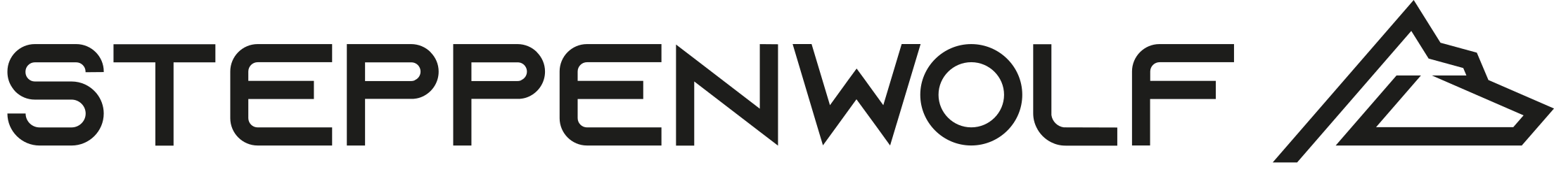 Steppenwolf-Logo in schwarzem Text mit stilisiertem Bergsymbol.