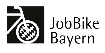 Logo von JobBike Bayern, schwarz-weiß, mit stilisiertem Fahrradrad in Rautenmuster.