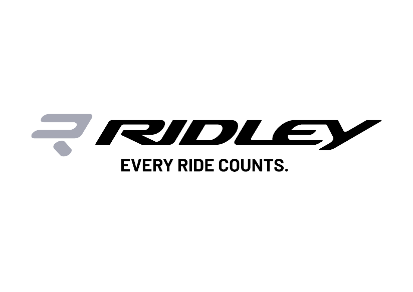 RIDLEY-Logo mit schwarzem Schriftzug und Slogan "EVERY RIDE COUNTS" auf weißem Hintergrund.