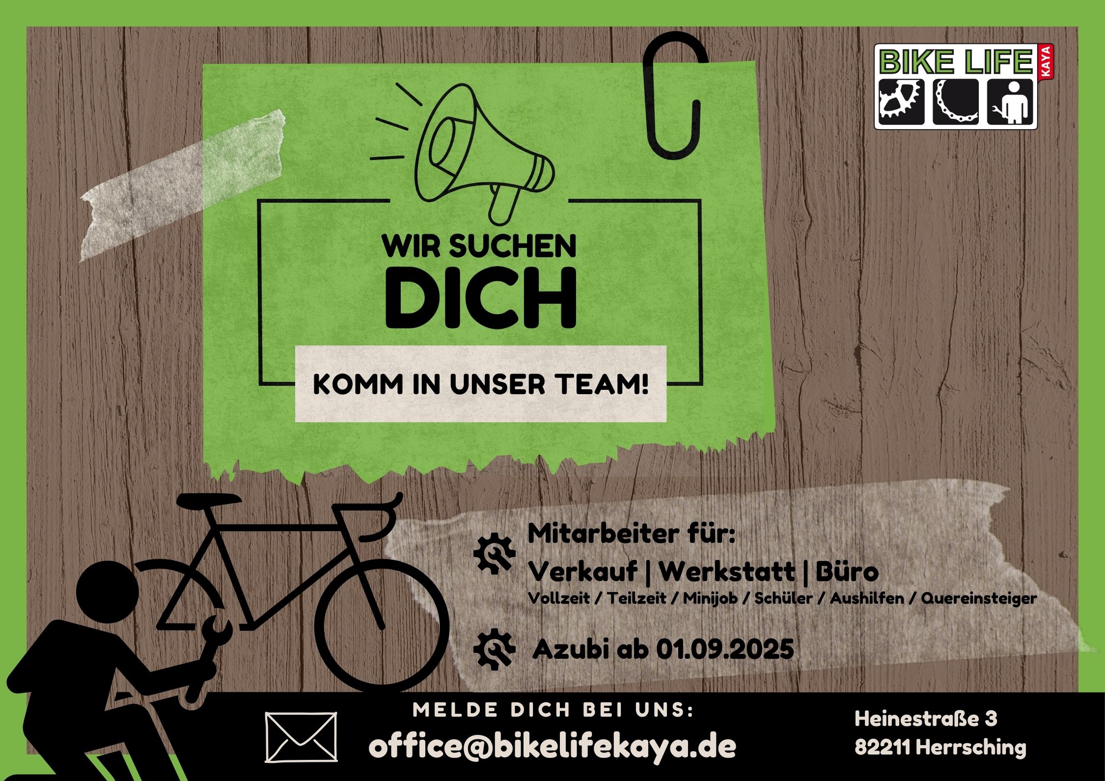 Grünes Plakat mit Megafon, Aufschrift "Wir suchen dich" und Fahrradmotiv.